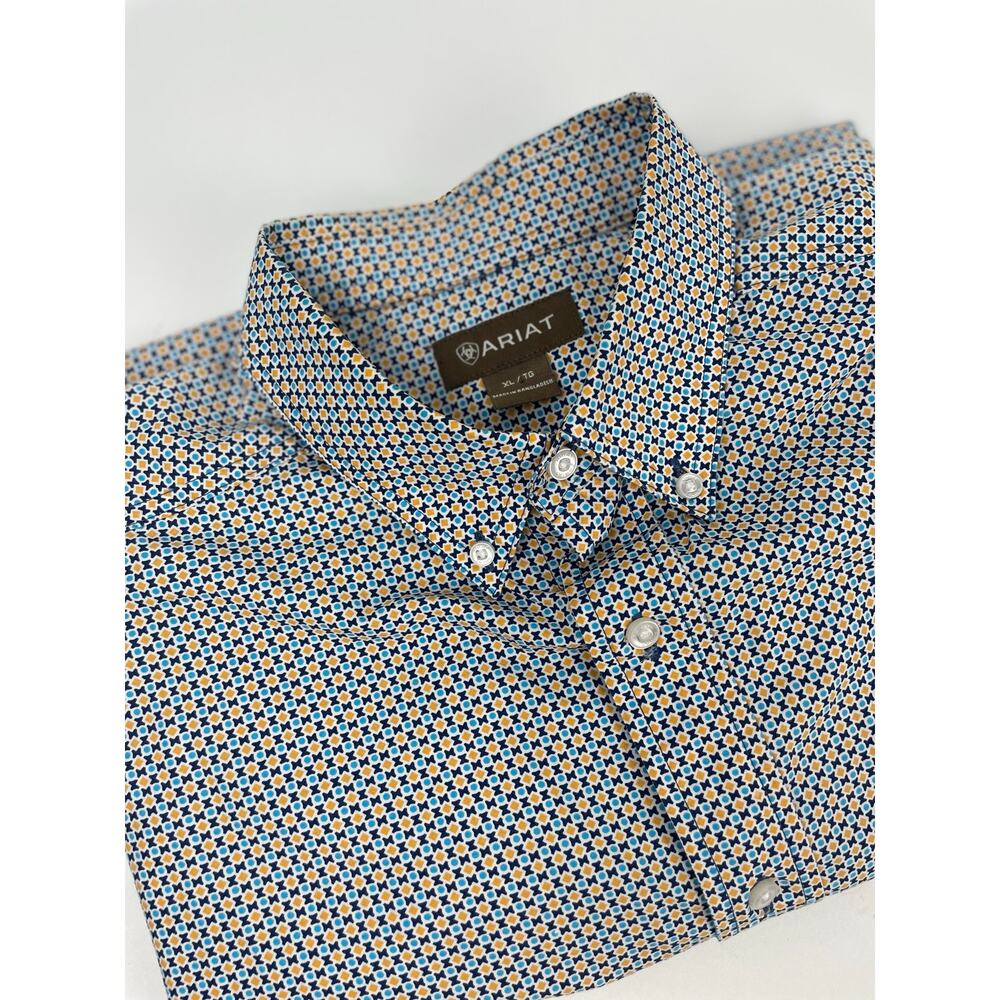 Ariat Burron Down Shirt Men’s XL/TG Geometric Blue/Orange Embroid Logo Srt Slv